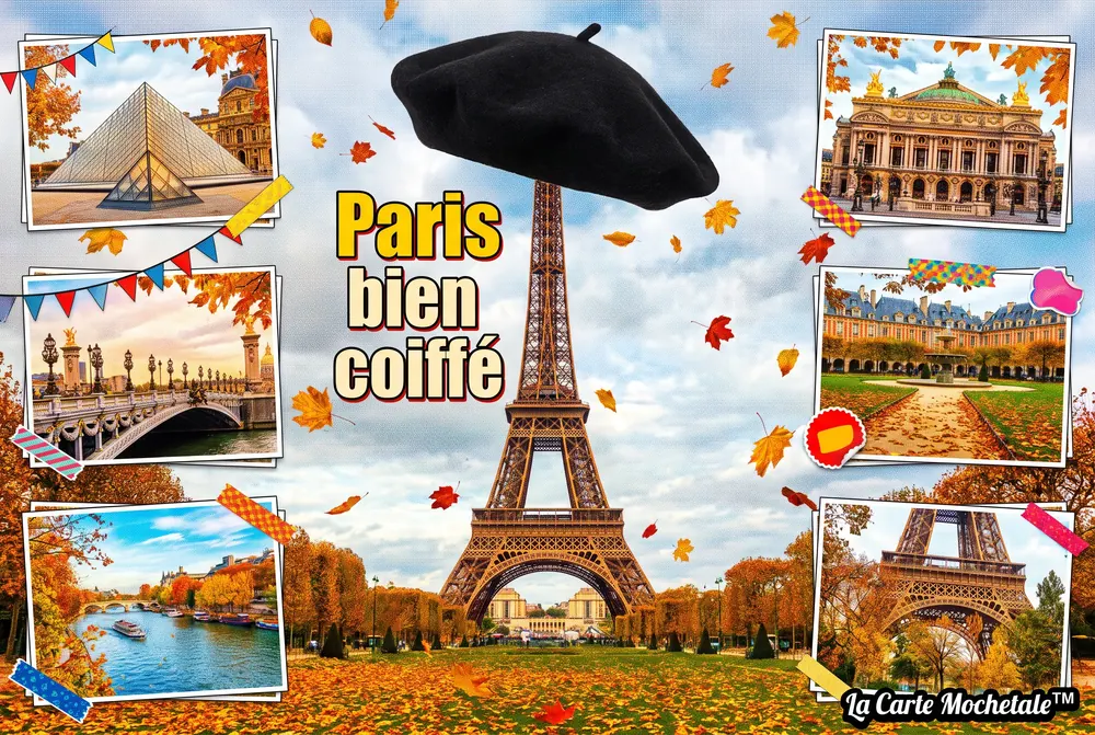 Carte postale Mochetale de Paris : « Paris bien coiffé » — un béret noir géant posé sur la tour Eiffel dans les feuilles d’automne, entouré de la pyramide du Louvre, du pont Alexandre-III, de la Seine, de l’Opéra Garnier et du château de Versailles.