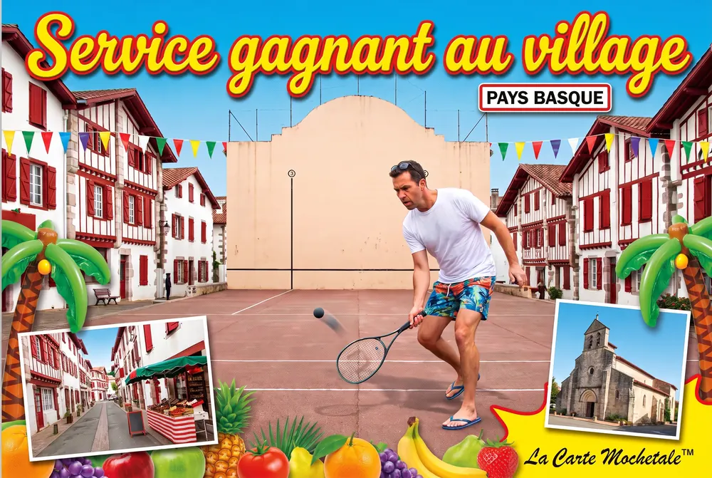 Carte postale Mochetale du Pays basque : « Service gagnant au village » — un joueur en tongs et short à fleurs disputant un point de tennis contre le fronton de pelote, entre les maisons rouges et blanches, avec la rue du village et l’église en vignettes.